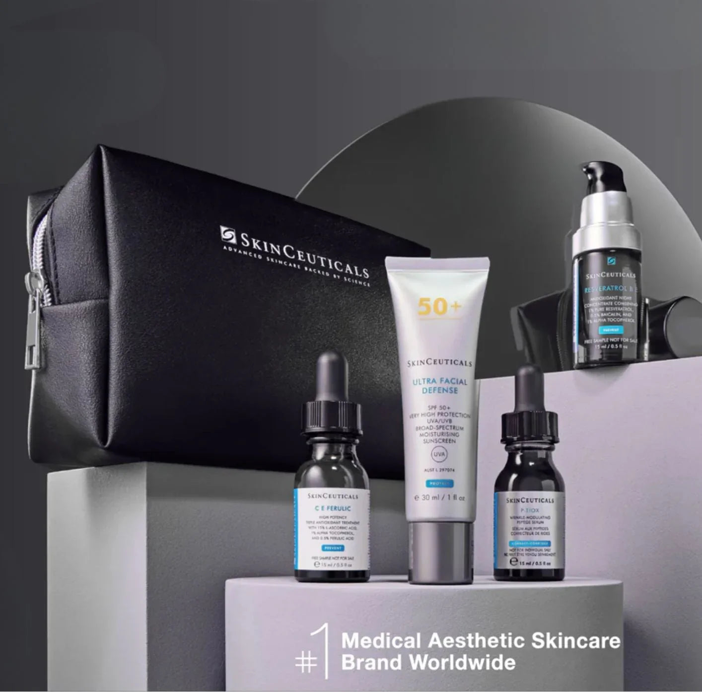 SkinCeuticals Advanced Daily Routine Trial Kit includes SkinCeuticals C E Ferulic for high-potency daytime antioxidant protection and visible brightness, SkinCeuticals P-Tiox for smoothing expression lines and firming support, SkinCeuticals Resveratrol B E for overnight antioxidant repair, and SkinCeuticals Ultra Facial Defense SPF50+ to deliver high-level UVA/UVB protection with hydrating comfort.