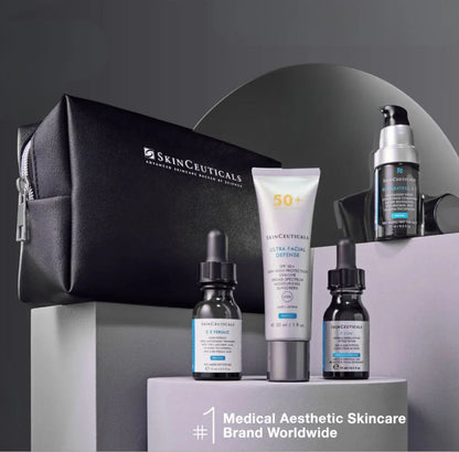 SkinCeuticals Advanced Daily Routine Trial Kit includes SkinCeuticals C E Ferulic for high-potency daytime antioxidant protection and visible brightness, SkinCeuticals P-Tiox for smoothing expression lines and firming support, SkinCeuticals Resveratrol B E for overnight antioxidant repair, and SkinCeuticals Ultra Facial Defense SPF50+ to deliver high-level UVA/UVB protection with hydrating comfort.