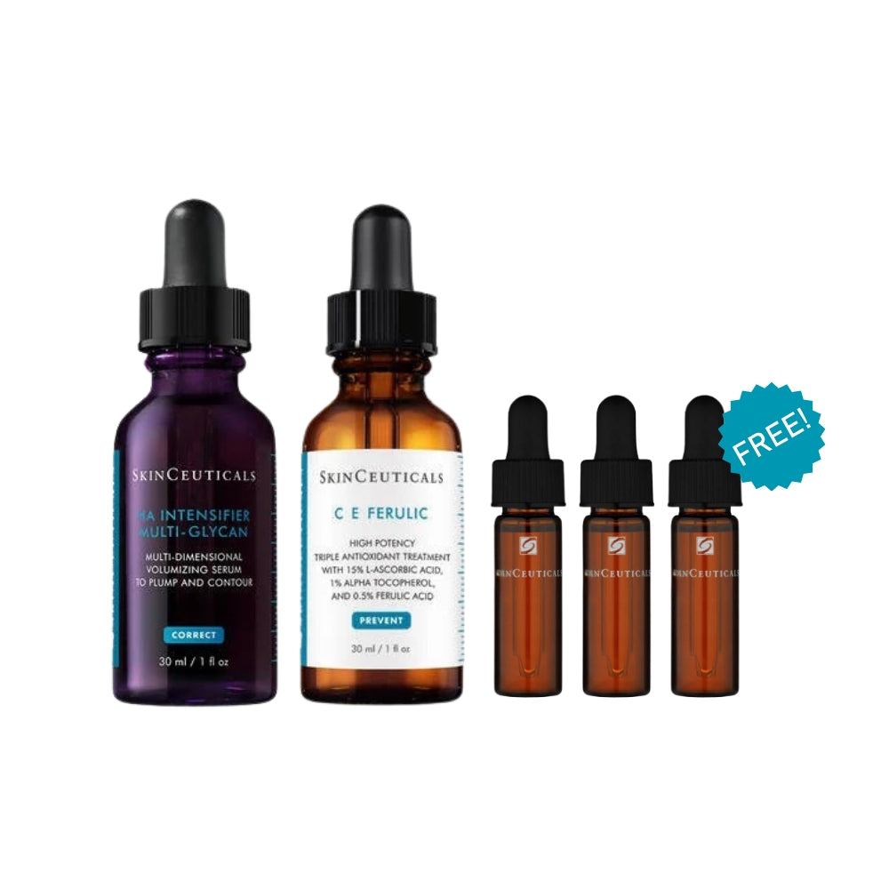 SkinCeuticals Anti Aging Skin Routine featuring C E Ferulic vitamin C serum and HA Intensifier Multi-Glycan hydrating serum for smoother, brighter skin. Plus 3 complimentary deluxe samples.