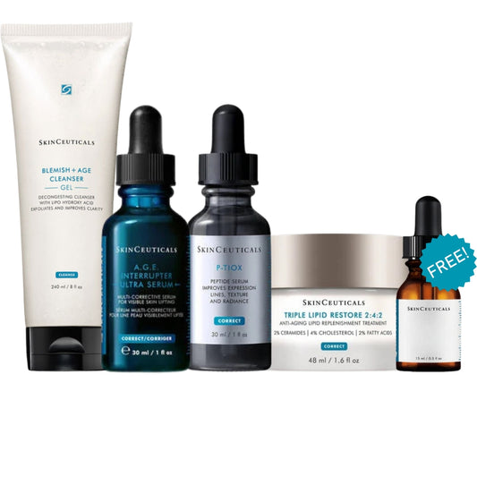 SkinCeuticals Anti Aging Starter Kit featuring Blemish + Age Cleanser Gel, A.G.E Interrupter Ultra, P-Tiox and Triple Lipid Restore 2:4:2 for advanced anti aging skincare.