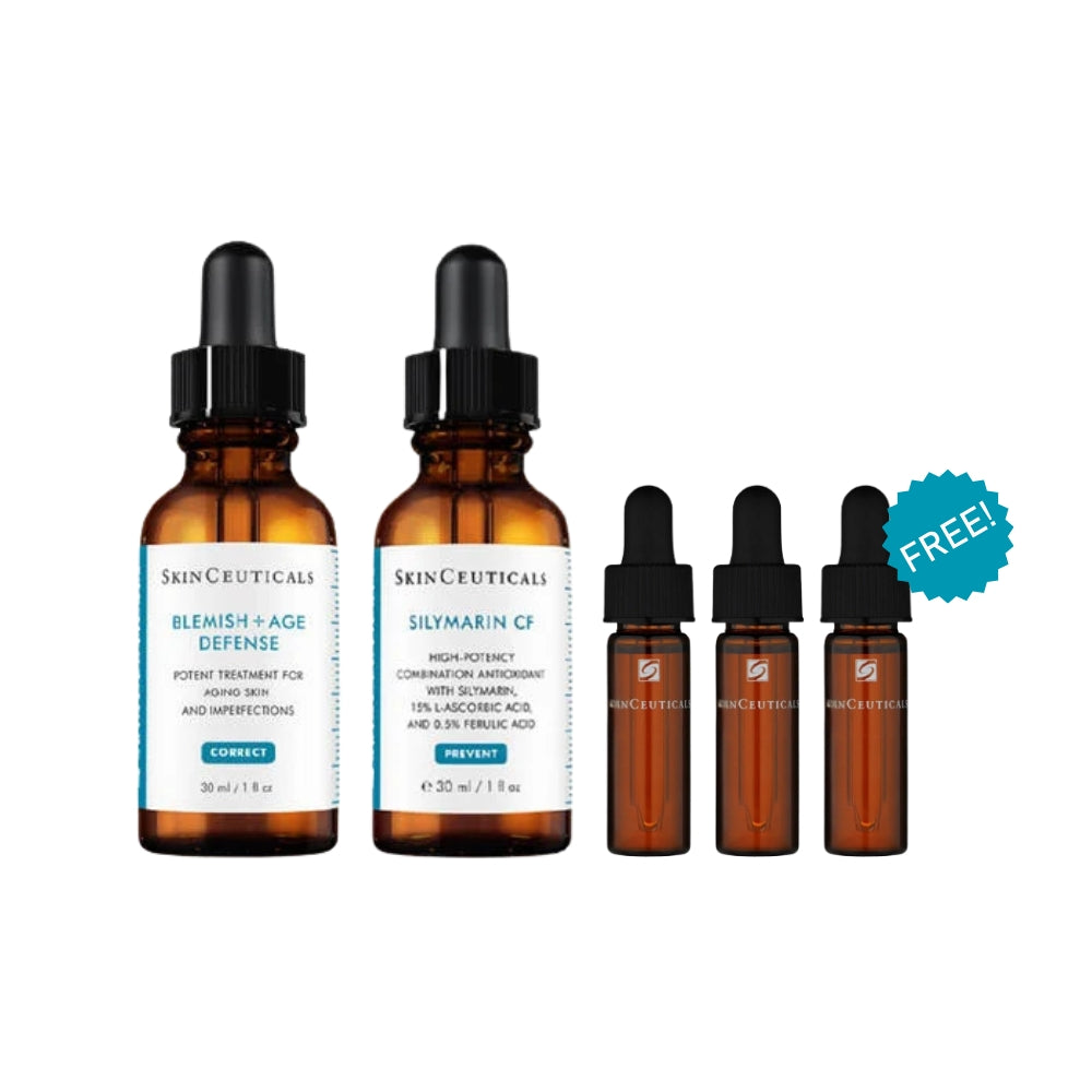 SkinCeuticals Anti-Blemish Duo featuring Blemish + Age Defense and Silymarin CF vitamin C serum for acne-prone and oily skin.