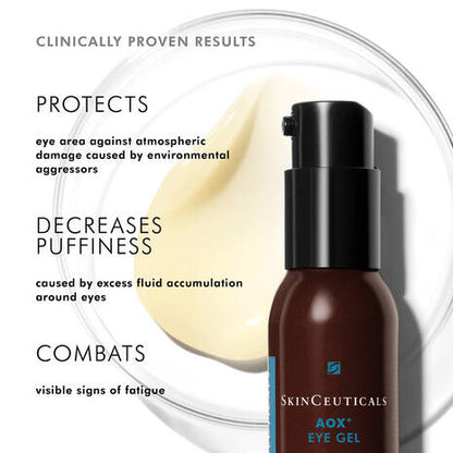 SkinCeuticals Antioxidant AOX Eye Gel shown as a morning eye treatment to protect against environmental damage, decrease puffiness and combat visible fatigue.
