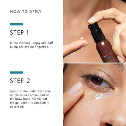 SkinCeuticals Antioxidant AOX Eye Gel applied in the morning using half a pump per eye along the under-eye area, outer corners and brow bone.