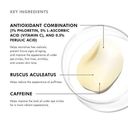 SkinCeuticals Antioxidant AOX Eye Gel with 5% pure vitamin C, 1% phloretin, 0.5% ferulic acid, ruscus aculeatus and caffeine to protect and refresh the eye area.