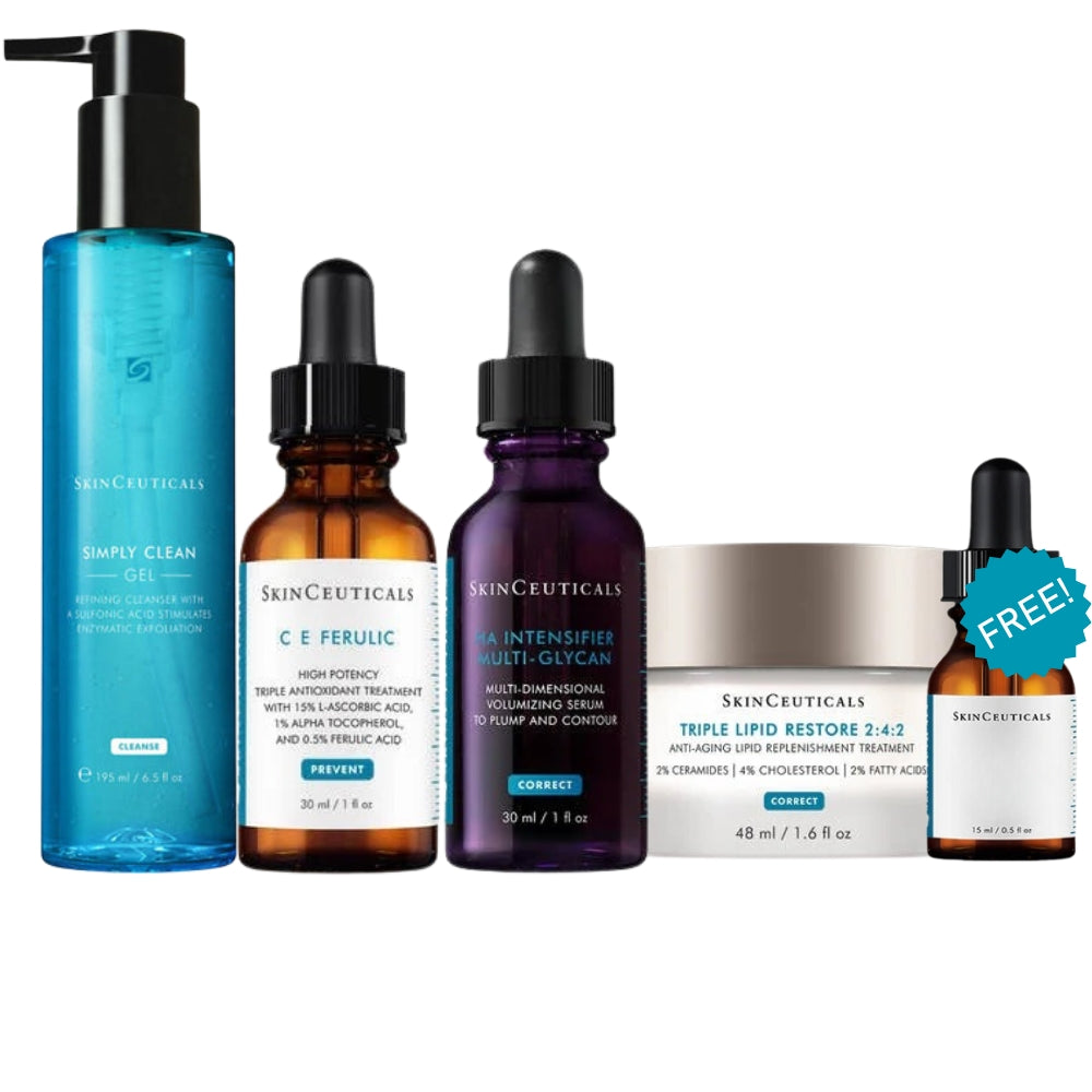 SkinCeuticals Basics Starter Kit featuring Simply Clean Gel Cleanser, C E Ferulic vitamin C serum, HA Intensifier Multi-Glycan and Triple Lipid Restore 2:4:2 moisturiser.