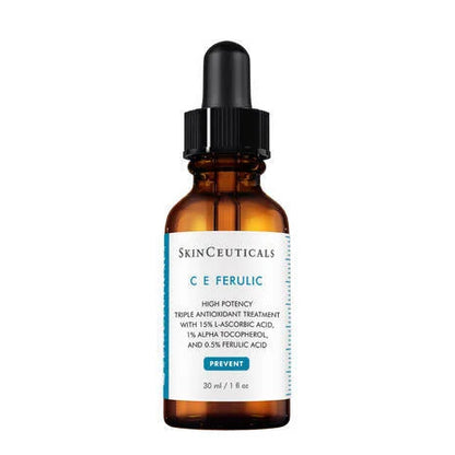 SkinCeuticals C E Ferulic Vitamin C Serum is a high potency serum with a combination of powerful antioxidants to protect skin against atmospheric ageing.

15% pure vitamin C (L-ascorbic acid), 1% vitamin E (alpha tocopherol), and 0.5% ferulic acid work in combination to protect against environmental damage and premature signs of ageing caused by free radical damage from UV rays, infrared radiation (IRA), and ozone pollution (O3).
