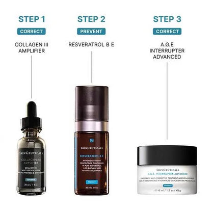 SkinCeuticals Collagen III Amplifier Serum shown within a nighttime skincare routine to help improve skin texture, resilience and visible firmness.