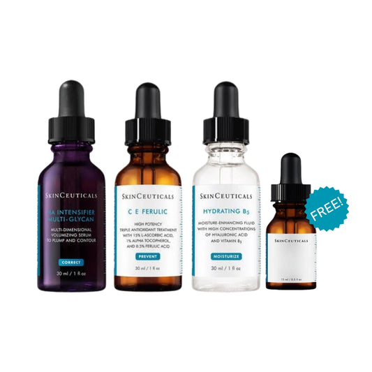 SkinCeuticals Essential Serum Pack featuring C E Ferulic vitamin C serum, HA Intensifier Multi-Glycan and Hydrating B5 for hydration, brightness and skin resilience. Plus a FREE 15ml product.