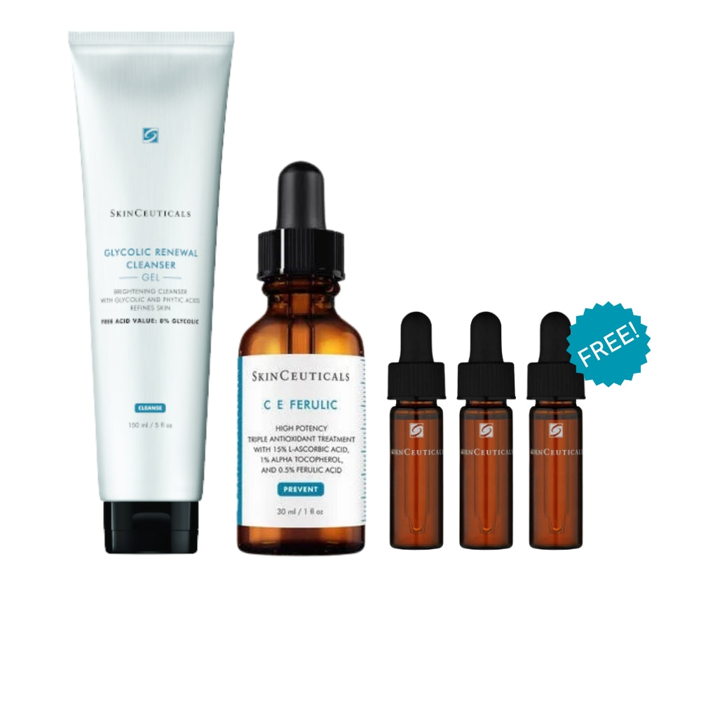 SkinCeuticals Glycolic Acid and Vitamin C Duo featuring Glycolic Renewal Cleanser 150ml and C E Ferulic 30ml for brightening, smoothing and antioxidant protection.