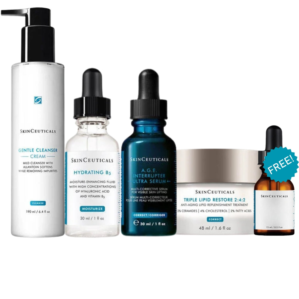SkinCeuticals Hydration Starter Kit featuring Gentle Cleanser, Hydrating B5 serum, A.G.E Interrupter Ultra Serum and Triple Lipid Restore 2:4:2 moisturiser for dry and dehydrated skin.