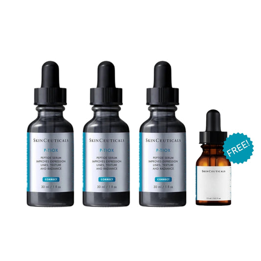 SkinCeuticals P-Tiox Triple Pack with three 30ml peptide serums for smoothing expression lines and improving skin texture. Plus free 15ml SkinCeuticals product valued at $115.