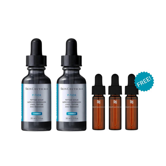 SkinCeuticals P-Tiox Twin Pack with two 30ml peptide serums for smoothing expression lines and improving skin texture.