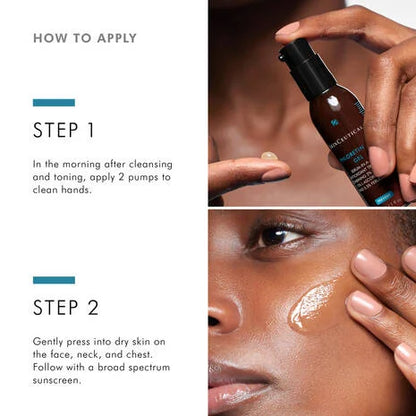 SkinCeuticals Phloretin CF Gel applied in the morning with 2 pumps to face, neck and chest as part of a daily antioxidant routine.