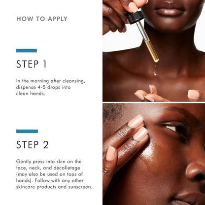 SkinCeuticals Phloretin CF applied in the morning with 4 to 5 drops to face, neck and décolletage as part of a daily antioxidant routine.