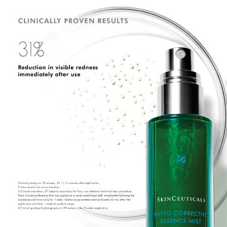 SkinCeuticals Phyto Corrective Essence Hydrating Mist hydrates and helps reduce visible redness while also supporting the skin's moisture barrier, in a touch-less facial mist spray. A phytobotanical blend of boldus leaf, cucumber, thyme, olive leaf, and rosemary extracts support skin health, while a 6.2% blend of hyaluronic acid and glycerin helps absorb and retain water in the skin.