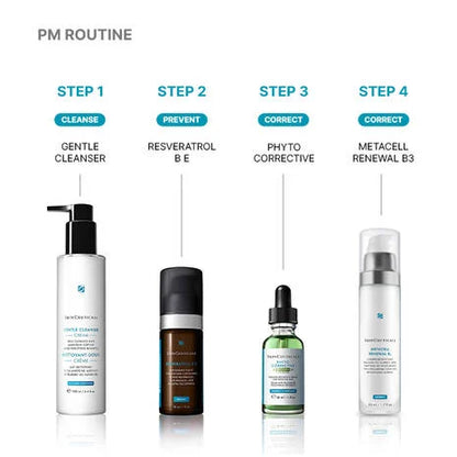 SkinCeuticals Phyto Corrective PDRN Serum evening routine with SkinCeuticals Gentle Cleanser, SkinCeuticals Resveratrol B E and SkinCeuticals Metacell Renewal B3 for skin support.