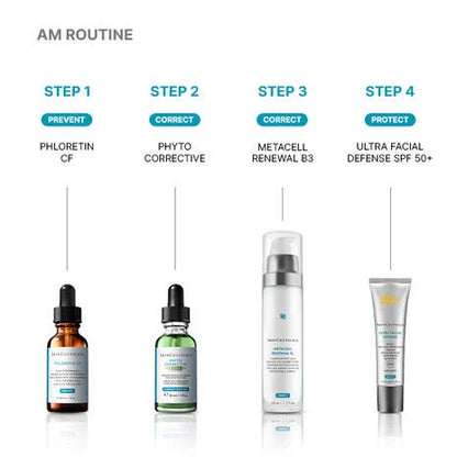 SkinCeuticals Phyto Corrective PDRN Serum morning routine with Skinceuticals Phloretin CF, SkinCeuticals Metacell Renewal B3 and Skinceuticals Ultra Facial Defense SPF 50+ for daily skin protection.