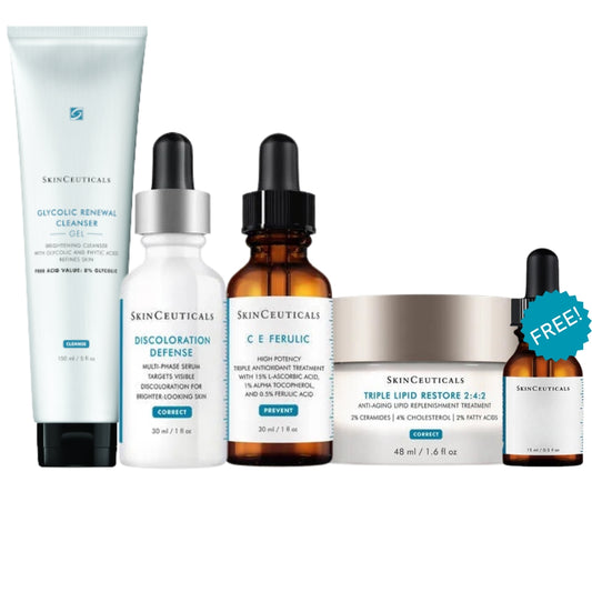 SkinCeuticals Pigmentation Starter Kit featuring Glycolic Renewal Cleanser, C E Ferulic vitamin C serum, Discoloration Defense and Triple Lipid Restore 2:4:2 moisturiser for uneven skin tone.