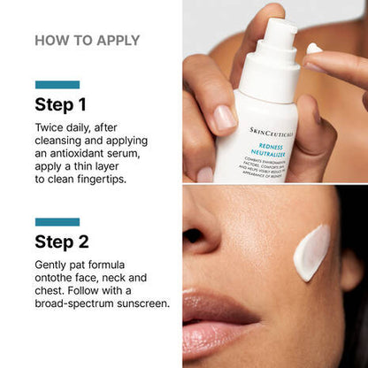 SkinCeuticals Redness Neutraliser Cream applied in a thin layer after cleansing and antioxidant serum as part of a daily anti-redness routine.
