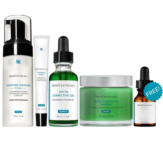SkinCeuticals Redness & Rosacea Starter Kit featuring Soothing Cleanser, Phyto Corrective Gel, Phyto Corrective Masque and Epidermal Repair for sensitive, redness-prone skin.