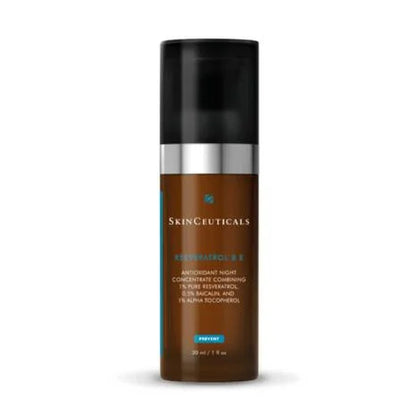 SkinCeuticals Resveratrol B E Antioxidant Night Serum with resveratrol, baicalin and vitamin E to improve radiance, firmness and overnight skin renewal.
