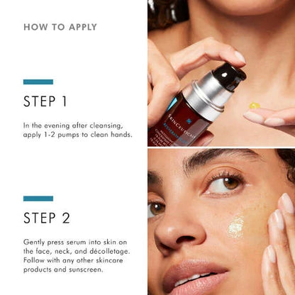 SkinCeuticals Resveratrol B E applied in the evening with 1 to 2 pumps to face, neck and décolletage as part of a nighttime antioxidant routine.