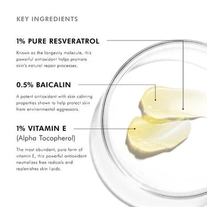 SkinCeuticals Resveratrol B E with 1% pure resveratrol, 0.5% baicalin and 1% vitamin E to support skin repair and antioxidant protection overnight.