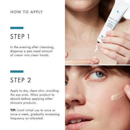 SkinCeuticals Retinol 0.3 shown with evening application steps, including pea-sized use on dry skin and gradual introduction for retinol beginners.