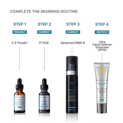 SkinCeuticals Advanced RGN-6 shown within a morning skincare routine to support skin repair, rejuvenation and daily protection.