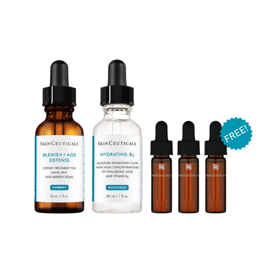 SkinCeuticals Salicylic Acid and Hyaluronic Acid Routine Set featuring Blemish + Age Defense and Hydrating B5 serums for acne-prone and dehydrated skin. Plus 3 complimentary deluxe samples.