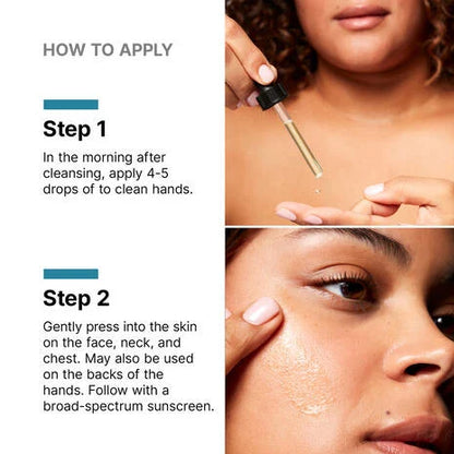 SkinCeuticals Serum 10 AOX applied in the morning with 4 to 5 drops to face, neck and chest as part of a daily antioxidant routine.