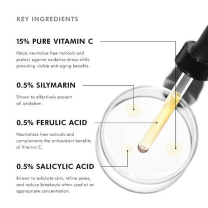 SkinCeuticals Silymarin CF with 15% pure vitamin C, 0.5% silymarin, 0.5% ferulic acid and 0.5% salicylic acid to protect and clarify oily skin.