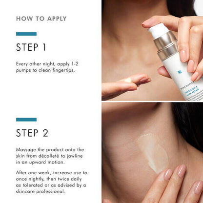 SkinCeuticals Tripeptide-R Neck Repair applied from décolleté to jawline in an upward motion as part of a targeted neck care routine.