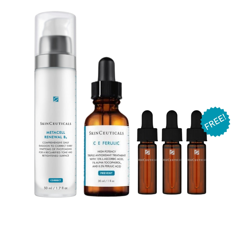 SkinCeuticals Vitamin C and Niacinamide Set featuring C E Ferulic vitamin C serum and Metacell Renewal B3 for brighter, firmer, more even-looking skin. Plus 3 complimentary deluxe samples.