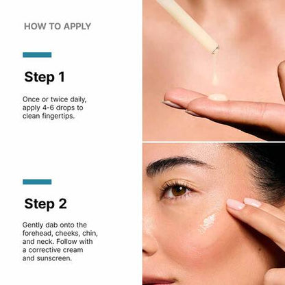 SkinCeuticals A.G.E. Interrupter Ultra Serum applied with 4 to 6 drops to the forehead, cheeks, chin and neck as part of a daily firming routine.