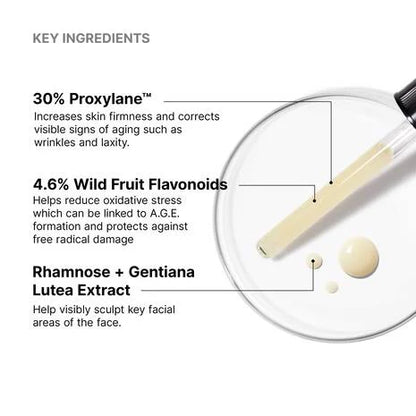 SkinCeuticals A.G.E. Interrupter Ultra Serum with 30% Proxylane, 4.6% wild fruit flavonoids and rhamnose plus gentiana lutea extract to firm and lift skin.
