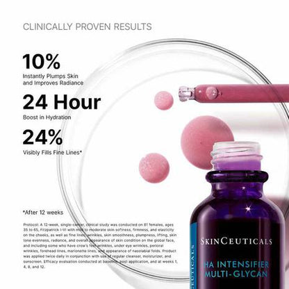 Hyaluronic Acid Intensifier Multi-Glycan is a next-generation, multi-dimensional volumising hyaluronic acid serum that visibly plumps the skin, reducing fine lines by 24%.

This formula contains high concentrations of 1.3% pure hyaluronic acid, 12% propylene, and the new post-biotic ferment to increase glycosaminoglycans, plumping and rehydrating the skin for 24 hours. Over time, skin elasticity and firmness are renewed and facial contours are more defined.