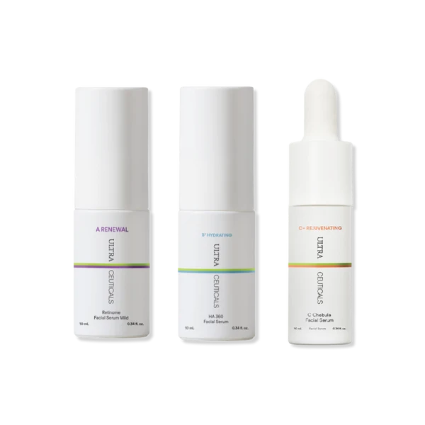 Ultraceuticals ABC Mini Essentials Kit featuring Retinome Facial Serum Mild, HA 360 Facial Serum and C Chebula Facial Serum for a complete active skincare routine.