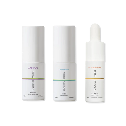 Ultraceuticals ABC Mini Essentials Kit featuring Retinome Facial Serum Mild, HA 360 Facial Serum and C Chebula Facial Serum for a complete active skincare routine.