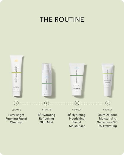 Ultraceuticals B² Hydrating Refreshing Skin Mist 75ml, the hydrating step in a daily skincare routine with Ultraceuticals Lumi Bright Foaming Facial Cleanser, Ultraceuticals B² Hydrating Nourishing Facial Moisturiser and Ultraceuticals Daily Defence Moisturising Sunscreen SPF 50 Hydrating.