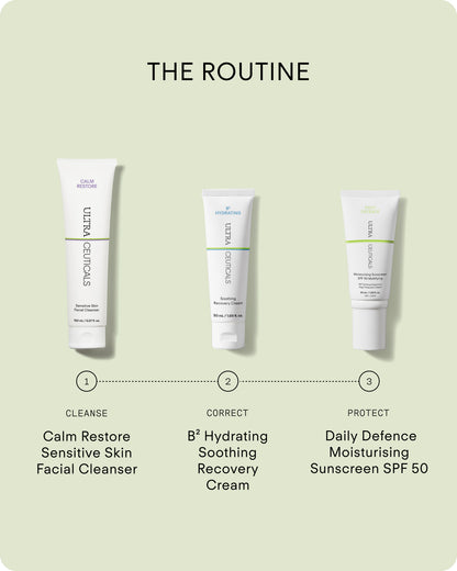  Ultraceuticals B² Hydrating Soothing Recovery Cream routine with Calm Restore Sensitive Skin Facial Cleanser and Daily Defence Moisturising Sunscreen SPF 50.