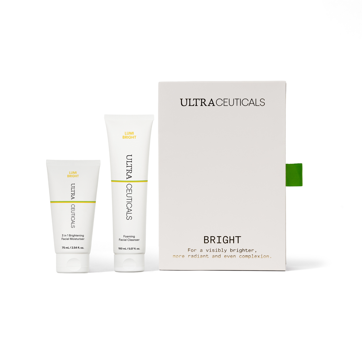Ultraceuticals Bright Holiday Gift Set with Ultraceuticals Lumi Bright Foaming Facial Cleanser 150ml and Ultraceuticals Lumi Bright 3 in 1 Brightening Facial Moisturiser 75ml for dull, uneven skin tone.