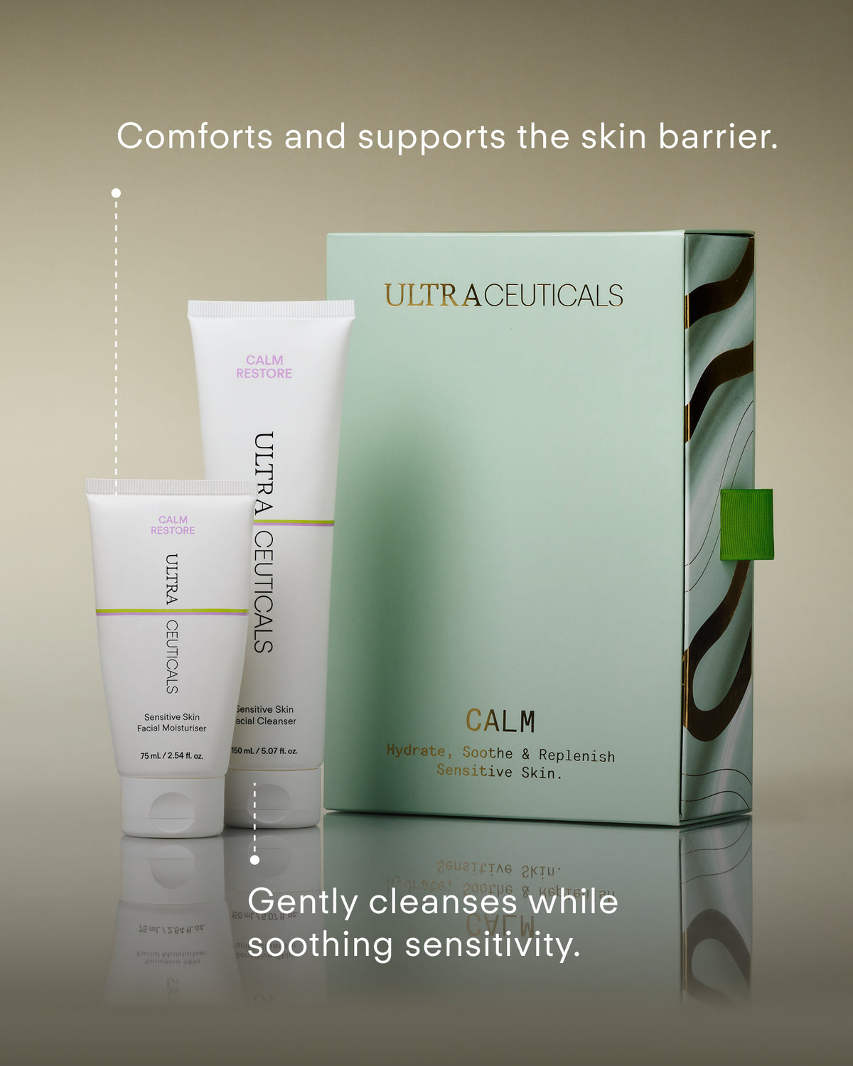 Ultraceuticals Calm Holiday Gift Set featuring gentle oat-derived amino acid cleanser and Ceramide NP moisturiser to soothe sensitivity and support the skin barrier.