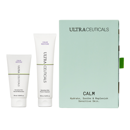 Ultraceuticals Calm Holiday Gift Set with Ultraceuticals Calm Restore Sensitive Skin Facial Cleanser 150ml and Ultraceuticals Calm Restore Facial Moisturiser 75ml for sensitive, redness-prone skin.