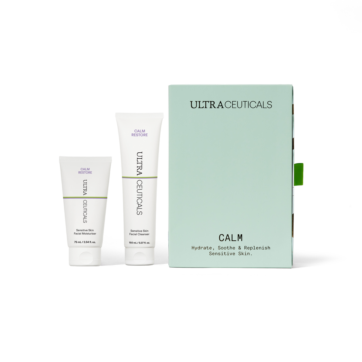 Ultraceuticals Calm Holiday Gift Set with Ultraceuticals Calm Restore Sensitive Skin Facial Cleanser 150ml and Ultraceuticals Calm Restore Facial Moisturiser 75ml for sensitive, redness-prone skin.