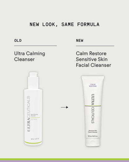 Ultraceuticals Calm Restore Sensitive Skin Facial Cleanser packaging update image showing previous Ultra Calming Cleanser and new Calm Restore cleanser with the same gentle formula for sensitive skin.