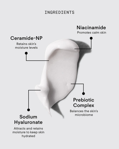 Ultraceuticals Calm Restore Sensitive Skin Facial Moisturiser with ceramide NP, niacinamide, prebiotic complex and sodium hyaluronate for barrier support and skin comfort.