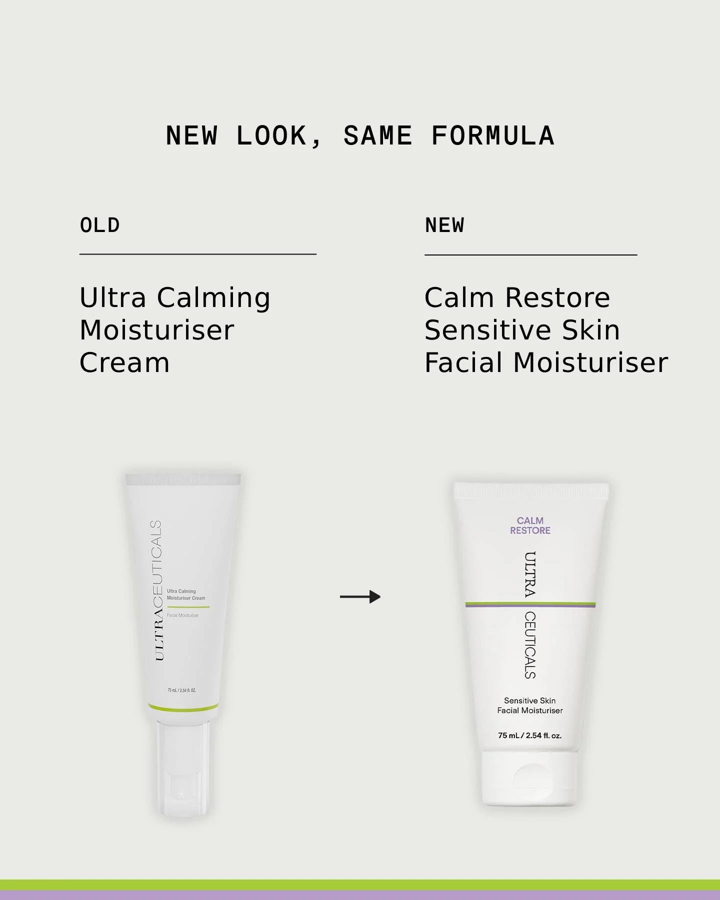 Ultraceuticals Calm Restore Sensitive Skin Facial Moisturiser same formula in updated packaging for sensitive skin hydration, barrier support and visible comfort.