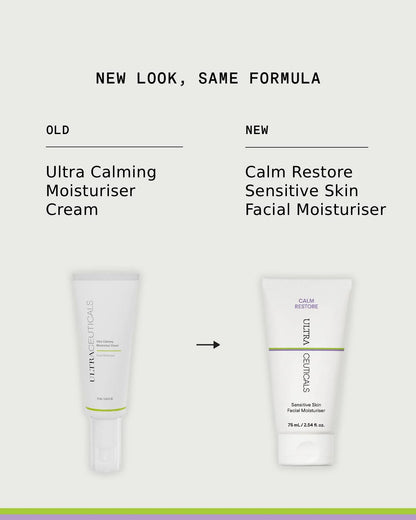 Ultraceuticals Calm Restore Sensitive Skin Facial Moisturiser same formula in updated packaging for sensitive skin hydration, barrier support and visible comfort.