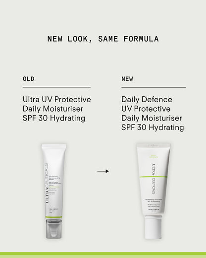 Ultraceuticals Daily Defence Moisturising Sunscreen SPF 30 Hydrating, formerly Ultra UV Protective Daily Moisturiser, with the same hydrating sunscreen formula.